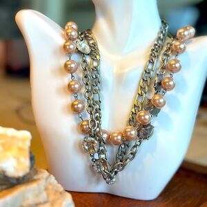Vintage Jewelry Multi Layered Beaded Necklace Perch Pink Pearl and Silver Chain